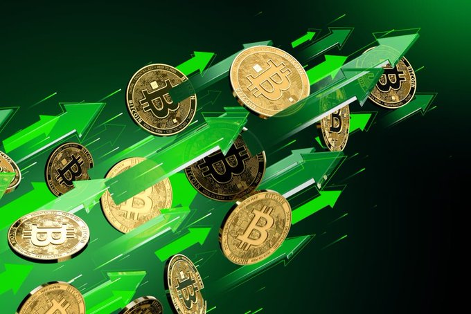 Gold Bitcoin coins are surrounded by upward-pointing green arrows against a dark green background, visually reinforcing the post's message that BlackRock's $209.39M BTC purchase ended an 11-day selling streak. The rising arrows symbolize the bullish momentum and price recovery referenced in the announcement.