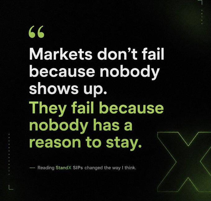 A motivational graphic with a quote: 'Markets don't fail because nobody shows up. They fail because nobody has a reason to stay.' attributed to 'Reading StandX SIPs changed the way I think.'