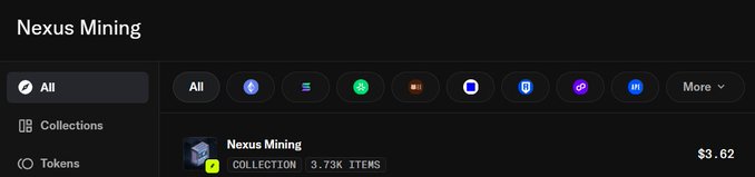 A screenshot from a digital marketplace showing a 'Nexus Mining' collection page with a floor price of $3.62 and 3.73K items.