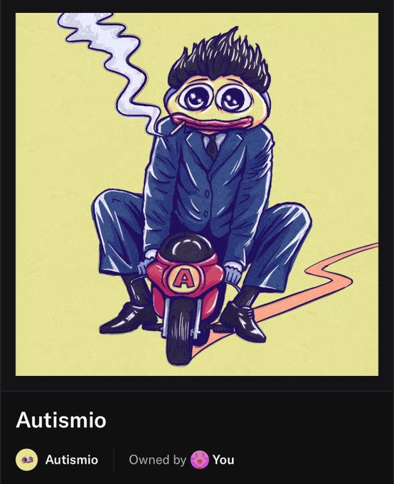 This is an image from the @AutismioETH collection, featuring a character named "Autismio" depicted as a yellow creature in a suit riding a motorcycle. The image and accompanying text highlight the minting of this NFT and its current market performance.