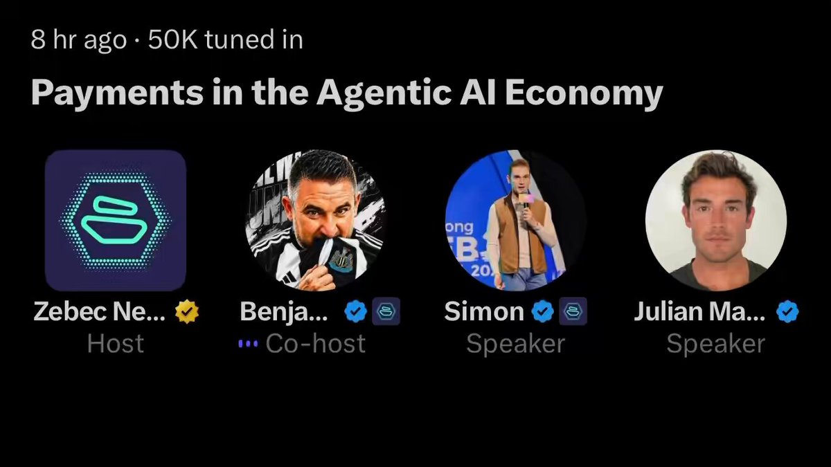 The image features a poster with four men's faces displayed against a black background, each wearing a suit and tie. The text on the poster reads "Payments in the Agentic AI Economy", which suggests that they are discussing payments made through artificial intelligence (AI) technologies. The poster also includes a logo for Zebec Ne, a company named after its founder, who is known for his work with Bitcoin.