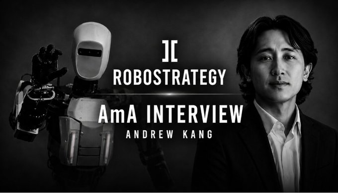 A black and white promotional banner for 'ROBOSTRATEGY' featuring a robot on the left and a man in a suit on the right, with text reading 'AMA INTERVIEW ANDREW KANG'.