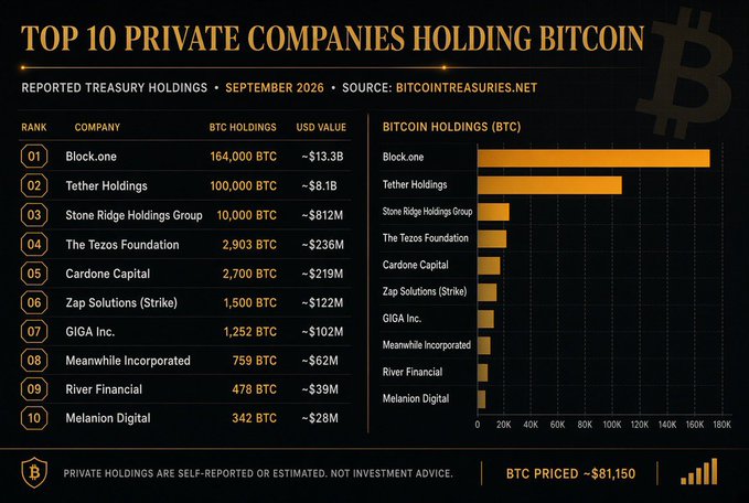 The image is an infographic titled "Top 10 Private Companies Holding Bitcoin" (September 2026, source: BitcoinTreasuries.net), ranking firms by BTC holdings with Block.one leading at 164,000 BTC (~$13.3B), followed by Tether Holdings (100,000 BTC/~$8.1B) and Stone Ridge Holdings Group (10,000 BTC/~$812M), with BTC priced at ~$81,150.

This supports the post's argument by quantifying the substantial BTC treasuries held by private companies—illustrating the scarcity premium that could emerge if BTC reaches $200k, since these self-reported holdings would become increasingly rare "exposure plays" unavailable on public markets, much like MicroStrategy (Saylor's MSTR) pioneered for public investors.