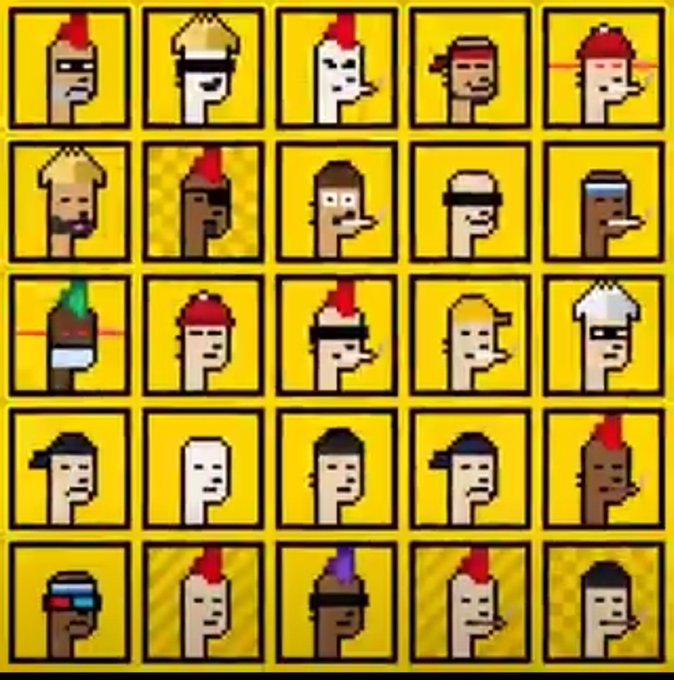 A grid of 25 pixel-art character sprites featuring various minimalist human faces with different hairstyles and headwear, reminiscent of the game 'Passpartout'.