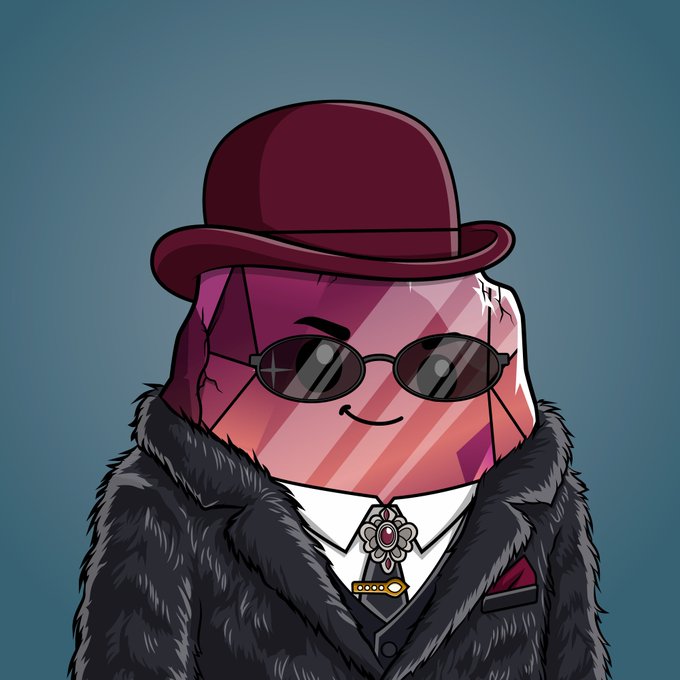 A cartoon illustration of a pink gem-like character wearing a maroon bowler hat, dark sunglasses, a fur coat, and an ornate ruby brooch on its tie.