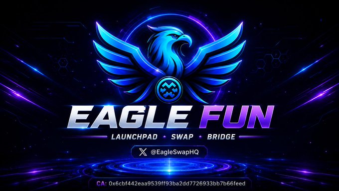 The image features a logo for an eagle-themed project called "EagleFun", which appears to be related to cryptocurrency or blockchain technology. The logo includes a blue bird symbolizing freedom, wings, and a shield with a sword on top. Below this logo is a description of the project in purple text that reads: "EagleWorld is building a non-custodial DeFi ecosystem on BNB Chain. Powered by EagleSwapHQ the ecosystem includes: Eagle Launch, Eagle Swap, Eagle Bridge, EagleVPN Payments". The post also mentions that the project is listed on CoinMarketCap and CoinGecko, with over 414M tokens permanently available for use.