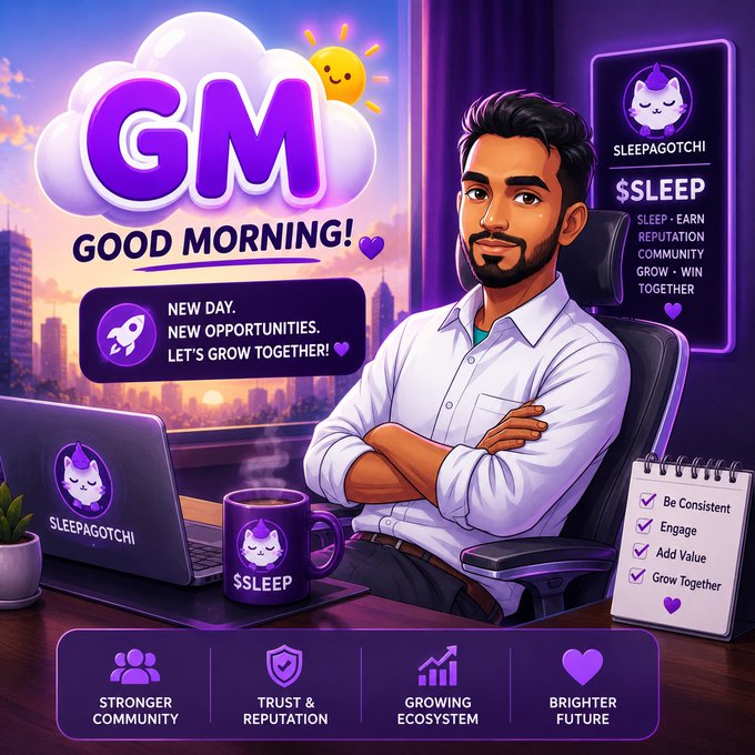 The image features a man sitting at a desk with a laptop computer open in front of him. The background shows an office setting with buildings visible through a window. There are also two potted plants placed near the window, adding some greenery to the scene. The main focus is on the man and his workspace, which seems to be related to the @sleepagotchi platform or game.