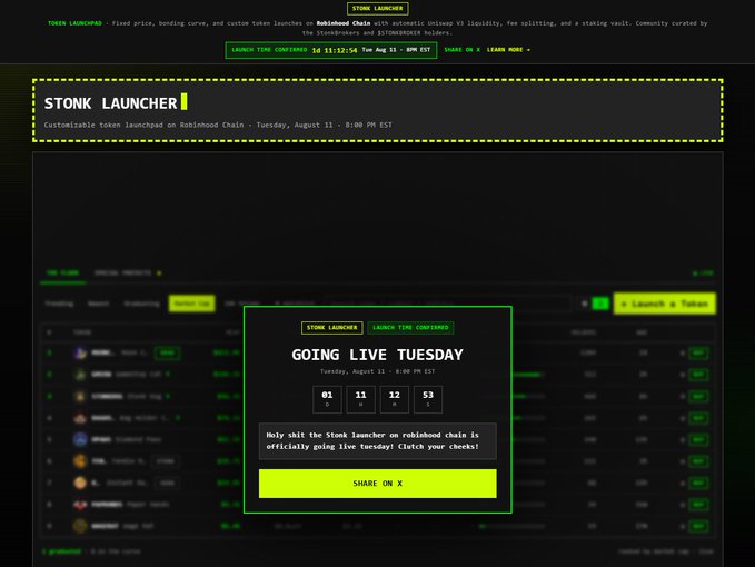 A webpage announcing 'STONK LAUNCHER' going live on Tuesday, August 11, with a countdown timer and a 'SHARE ON X' button.