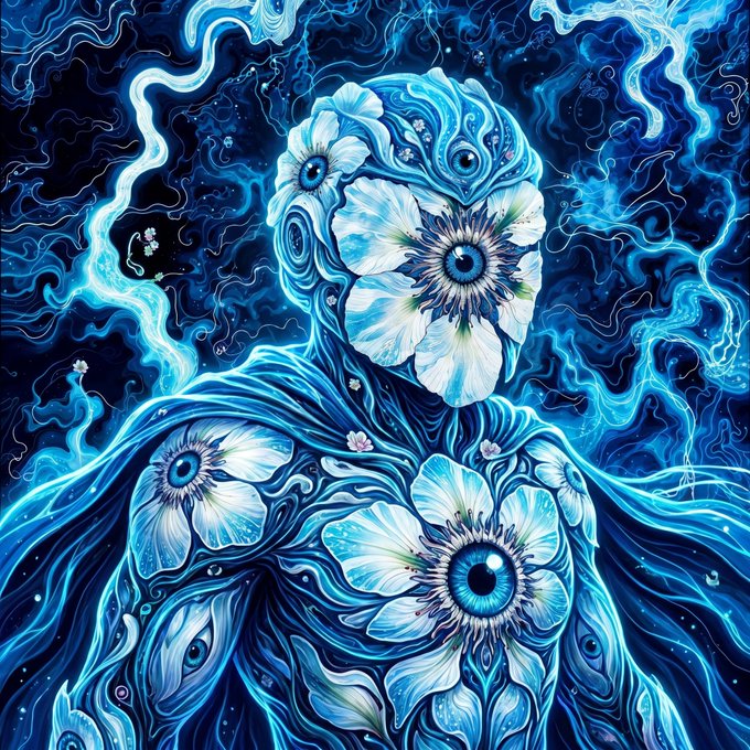 A blue-toned digital artwork of a surreal figure covered in large blue-eyed flowers surrounded by swirling cosmic patterns.