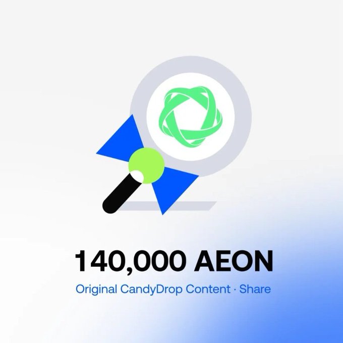 A graphic showing '140,000 AEON' with the subtitle 'Original CandyDrop Content · Share,' featuring a magnifying glass and geometric shapes over a green circular logo.