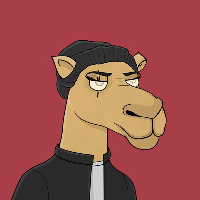 The image shows an anthropomorphic cartoon camel character with a stylish dark pompadour-style hairdo, thick eyebrows, and a slightly smug expression, wearing a black jacket over a white shirt against a red background. The cartoon style and confident demeanor align with the post's playful introduction of a new camel character to kick off the week, likely tied to the "CamelsFam" community or NFT collection.