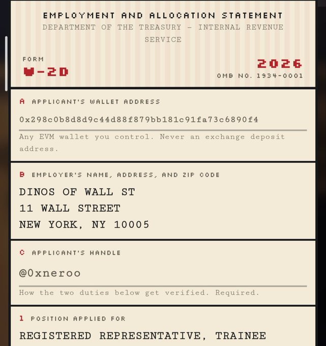 A document styled as an 'Employment and Allocation Statement' from the 'Department of the Treasury - Internal Revenue Service' (Form W-2D, OMB No. 1934-0001), listing a wallet address '0x298c0b8d8d9c44d88f879bb181c91fa73c6890f4', employer 'Dinos of Wall St, 11 Wall Street, New York, NY 10005', handle '@0xneroo', and position 'Registered Representative, Trainee'.