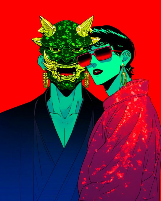 A stylized illustration depicts a man wearing a green Oni demon mask and a woman in red sunglasses with a patterned red garment against a bright red background.