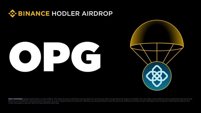 A Binance HODLer Airdrop promotional graphic featuring the ticker "OPG" in large white text alongside a glowing yellow parachute delivering the OpenGradient logo, announcing the 66th project on Binance's HODLer Airdrop program.