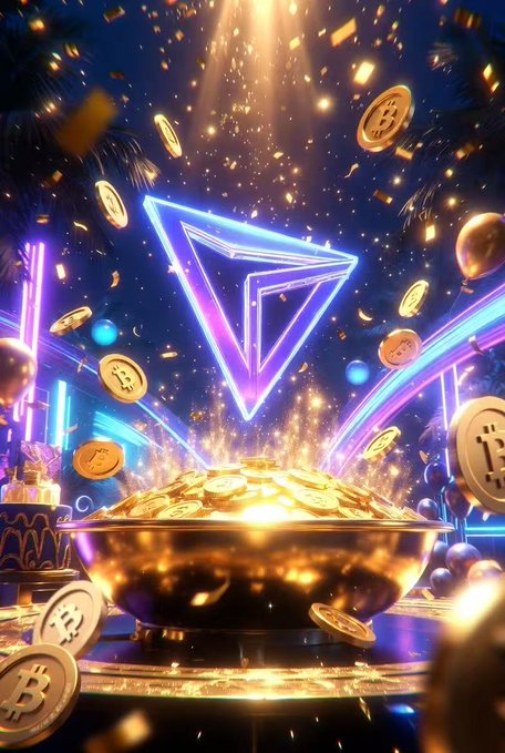 A vibrant, celebratory 3D rendering featuring a glowing neon triangular logo above a golden bowl overflowing with Bitcoin coins and gold, set against a colorful party background with confetti and fireworks.