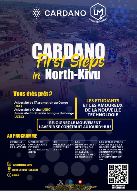 A promotional flyer titled 'CARDANO First Steps in North-Kivu' for a September 7, 2026 event at Centre LM High Tech/Beni, featuring Cardano and LM logos, details about partner universities, agenda topics including DeFi and NFTs, and a QR code.
