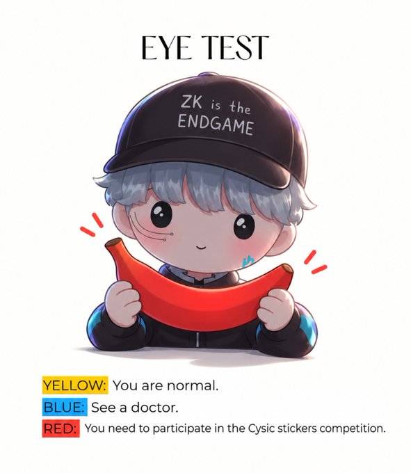 A 'Chibi-style cartoon boy wearing a black cap that reads 'ZK is the ENDGAME' and holding a red chili pepper, part of an eye test meme with color-coded results for yellow, blue, and red.