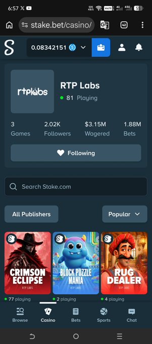 A mobile screenshot of the Stake.com casino page showing the URL stake.bet/casino, with a balance of 0.08342151 ETH and a profile for 'rtpklabs' featuring games like Crimson Eclipse, Block Prize Mania, and Rug Dealer.