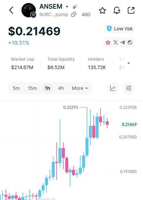 A crypto chart shows ANSEM (token 9cRC...pump) priced at $0.21469 (+19.51%) with a $214.67M market cap and 135.72K holders.