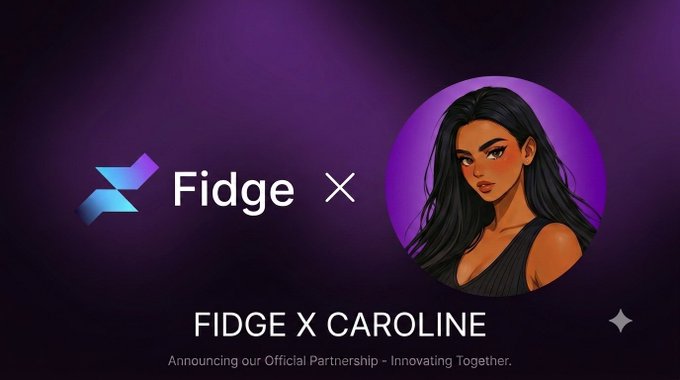 The image displays a partnership announcement graphic with a purple gradient background, featuring the "Fidge" logo and a stylized illustration of a woman in a circular frame, alongside text reading "FIDGE X CAROLINE - Announcing our Official Partnership - Innovating Together." The graphic visually represents the post's announcement of the user joining @FidgeNetwork as a growth lead, celebrating the new partnership with the DeFi platform.