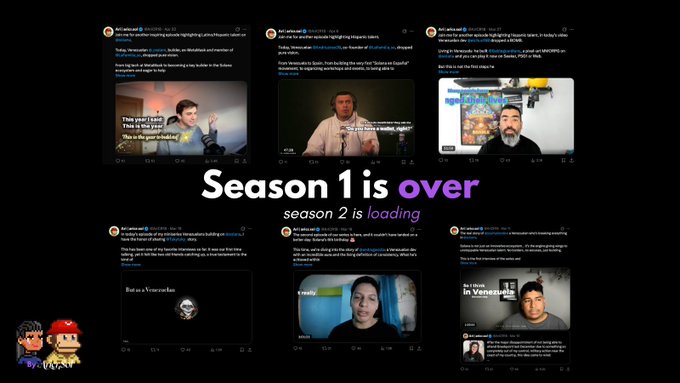 A promotional graphic titled 'Season 1 is over, season 2 is loading' displaying a grid of six X (Twitter) posts about prediction markets and macroeconomics, with two small cartoon avatars in the bottom left corner.