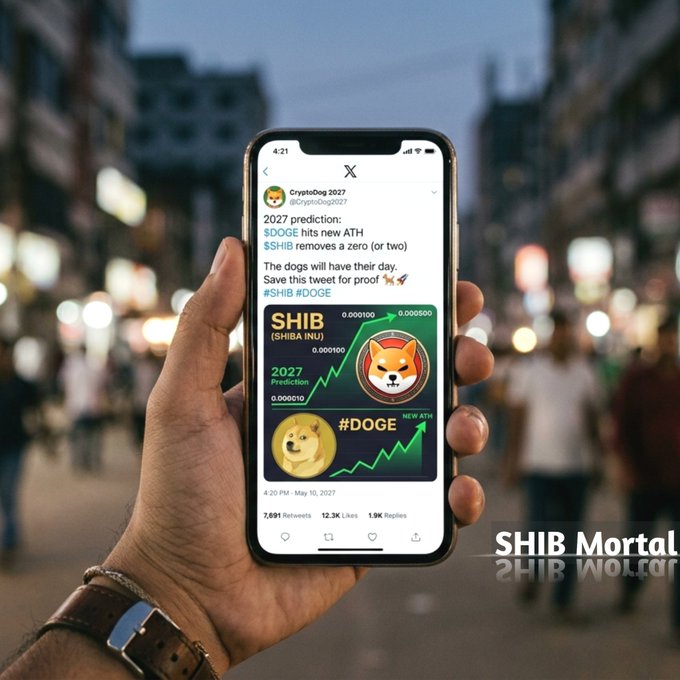 A hand holds a smartphone displaying an X (formerly Twitter) post by CryptoDog 2027, featuring the tweet text "$DOGE hits new ATH, $SHIB removes a zero (or two)" alongside graphics of Shiba Inu and Dogecoin logos with upward trending charts marked "2027 Prediction" and "NEW ATH," with "SHIB Portal" watermark in the corner. The image visually represents the bullish 2027 crypto predictions mentioned in the accompanying post.