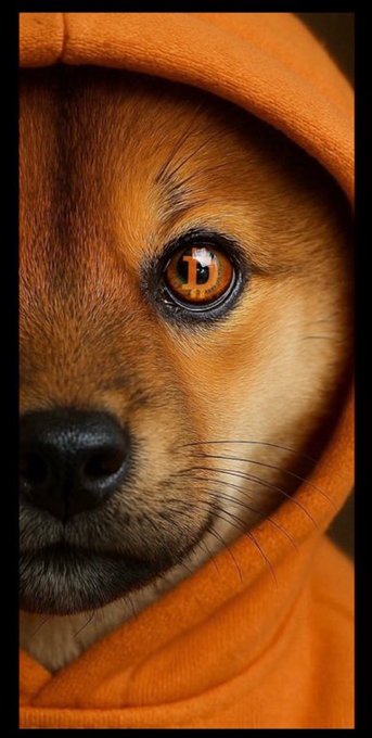 A close-up portrait of a dog with brown fur wearing an orange hooded garment.