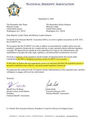 The image is an official letter dated September 3, 2024, from the National Sheriffs' Association (NSA) to Senate Majority Leader John Thune and Minority Leader Charles Schumer, retracting its opposition to the Clarify the Law Around Intellectual Property (CLARITY) Act, with the key reversal highlighted in yellow stating, "As the Executive Committee of the NSA, we are withdrawing our opposition to the CLARITY Act, and upon the latest genuine updates, it is the wish of NSA for the bill to move forward as drafted and not amended."