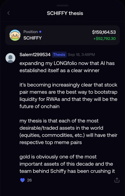 A Twitter/X post titled 'SCHIFFY thesis' showing a position worth $159,164.53 (+$52,792.30), with text arguing that stock pair memes are the best way to bootstrap liquidity for RWAs.