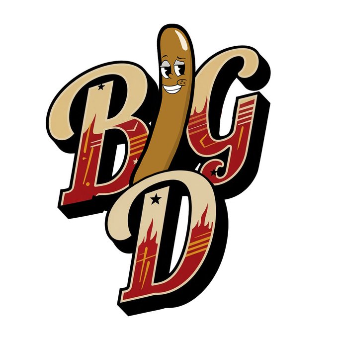 A stylized retro logo features an anthropomorphized brown sausage character with a smiling face, nestled among the letters spelling "BIG D" in bold red and cream-colored vintage font with flame details. The playful mascot design appears to represent the newly launched $BIGD token.