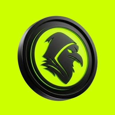 A stylized 3D emblem featuring a dark raven head in a circular frame set against a bright green background.