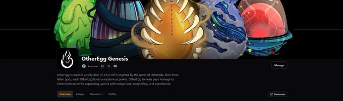 A webpage screenshot for 'OtherEgg Genesis', an NFT collection of 3,333 NFTs on Otherside, with a description mentioning a mysterious power and references to gods, featuring colorful egg-like NFT artwork.