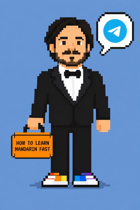 A pixel-art man in a black suit and bow tie holds a briefcase labeled "HOW TO LEARN MANDARIN FAST," with a Telegram speech bubble icon beside his head. The image humorously ties to the post by portraying crypto promoters as sleazy "stockbroker" salesmen pitching dubious schemes—akin to a Mandarin-learning salesman aggressively recruiting via Telegram into BSC's "trench starter kits" and meme coins.