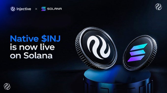 A promotional graphic announcing 'Native $INJ is now live on Solana' featuring the Injective and Solana logos.