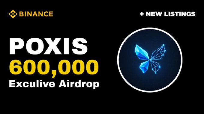 Binance-style promotional graphic announcing an exclusive 600,000 $POXIS airdrop under a "New Listings" banner, featuring the POXIS butterfly logo and matching the post's call-to-action to claim the limited airdrop ahead of the token's 14:00 UTC listing.