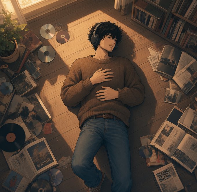 An anime-style illustration shows a young man with dark hair and headphones lying on a wooden floor surrounded by scattered vinyl records, books, and papers, bathed in warm sunlight.