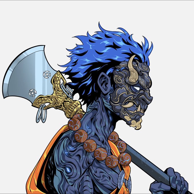 A side profile illustration of a fierce blue-skinned warrior with a horned mask, flowing hair, and prayer beads holding a large battleaxe over his shoulder. The epic, mythological art style evokes the powerful energy of an NFT collectible, fitting the "Good Morning NFTs" greeting with its bold, fantasy-inspired hero imagery.