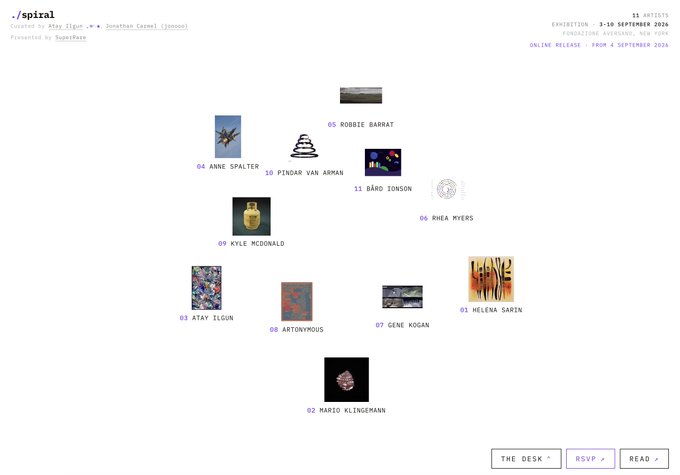 A website for an art exhibition titled './spiral' curated by Jono Zilg and Jonathan Carmel (Jonoce), featuring 11 artists including Anne Spalter, Robbie Barrat, Pindar Van Arman, and Helena Sarin, with exhibition dates of 3-30 September 2026.