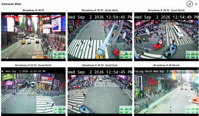 A six-panel grid of CCTV traffic cameras from Broadway @ 46 St in NYC, timestamped Wed Sep 2 2026 12:54:45 PM, showing pedestrians, taxis, and urban street scenes.