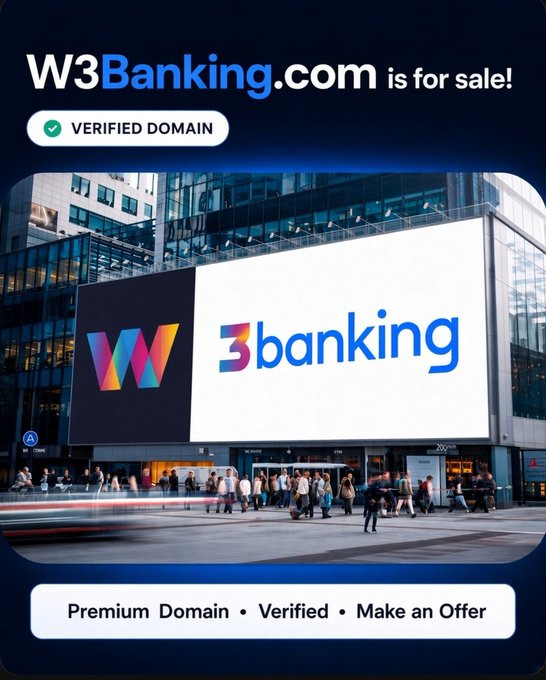 A domain marketplace listing for W3Banking.com marked as 'Verified Domain' and 'is for sale!', displaying a W3banking billboard image with options for 'Premium Domain • Verified • Make an Offer'.