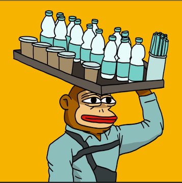 A cartoon image of a monkey character wearing a delivery uniform and cap, carrying a tray of bottled drinks on its head against a yellow background.