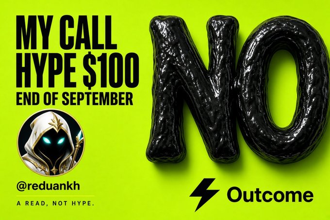 A bright green promotional graphic with black balloon text reading 'NO', stating 'MY CALL HYPE $100 END OF SEPTEMBER' with the handle '@reduankh' and the 'Outcome' logo.