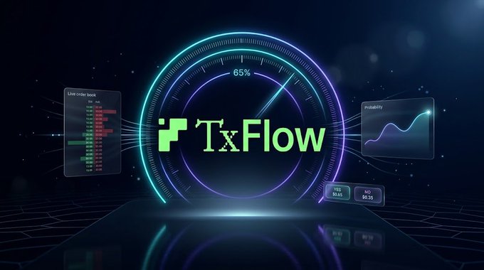 A digital dashboard display featuring the "TxFlow" logo in green at the center of a neon circular gauge reading 65%, with side panels showing "Live order book" data and a probability graph.