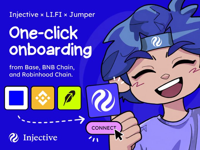 A cheerful anime-style character with blue hair and an Injective headband smiles while holding up an Injective logo tile, alongside the text "Injective × L.I.FI × Jumper - One-click onboarding from Base, BNB Chain, and Robinhood Chain." The graphic visually represents the new bridge integration, showing logos for Base, BNB Chain, and Robinhood Chain flowing toward a "CONNECT" button that brings users into the Injective ecosystem.