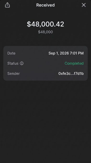 A dark-themed mobile app transaction receipt screen showing 'Received' with the amount '$48,000.42', date 'Sep 1, 2026 7:01 PM', status 'Completed', and sender '0xfe3c...f7d1b'.