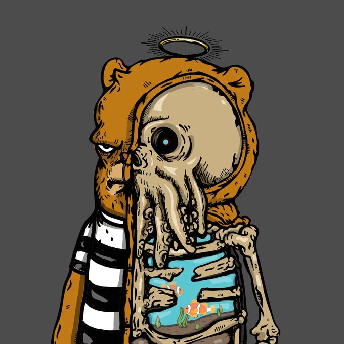A surreal illustration of a bear wearing a hooded jacket that reveals its skeletal and biological interior, featuring a large eye, a halo above its head, and an aquarium with fish in its ribcage.