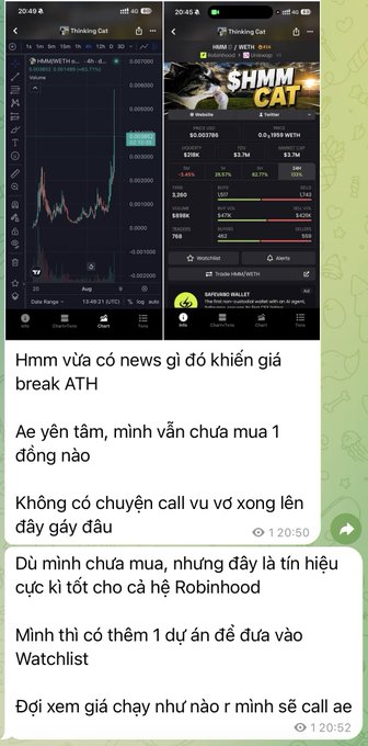 A screenshot of a mobile phone showing trading charts for SHMM CAT and Thinking Cat tokens, followed by a Telegram chat in Vietnamese discussing the coins and potential price increases.