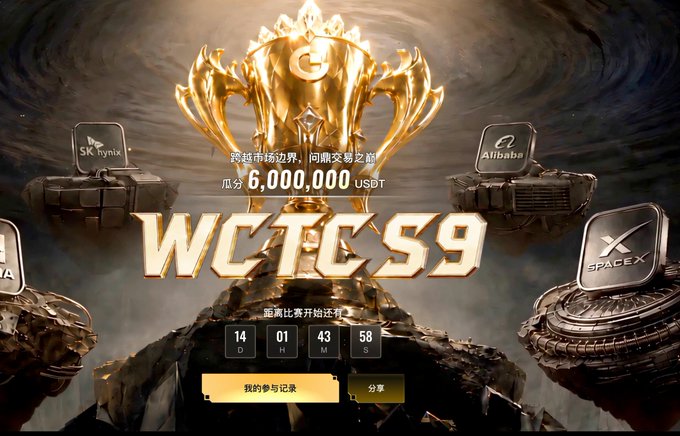 A promotional graphic with a golden trophy displaying 'WCTC59' as the main text, surrounded by corporate logos including SK hynix, Alibaba, and SpaceX, with Chinese text mentioning a 6,000,000 USDT prize pool and a countdown timer showing 14 days, 01 hours, 43 minutes, 58 seconds.
