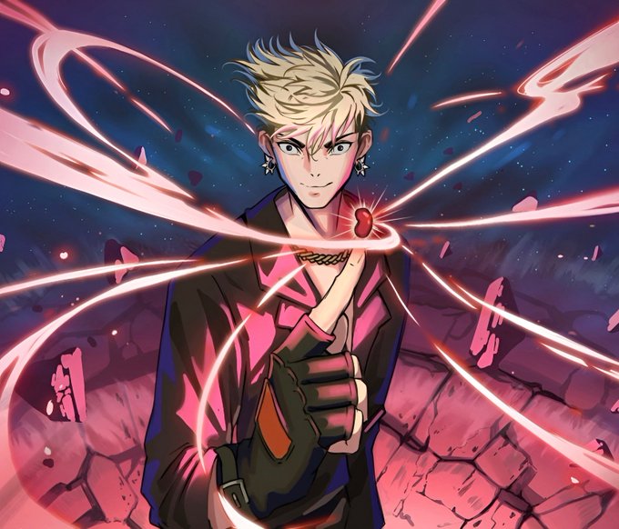 An anime-style illustration of a blonde character holding up a red gem with swirling pink energy ribbons against a dark, starry background.