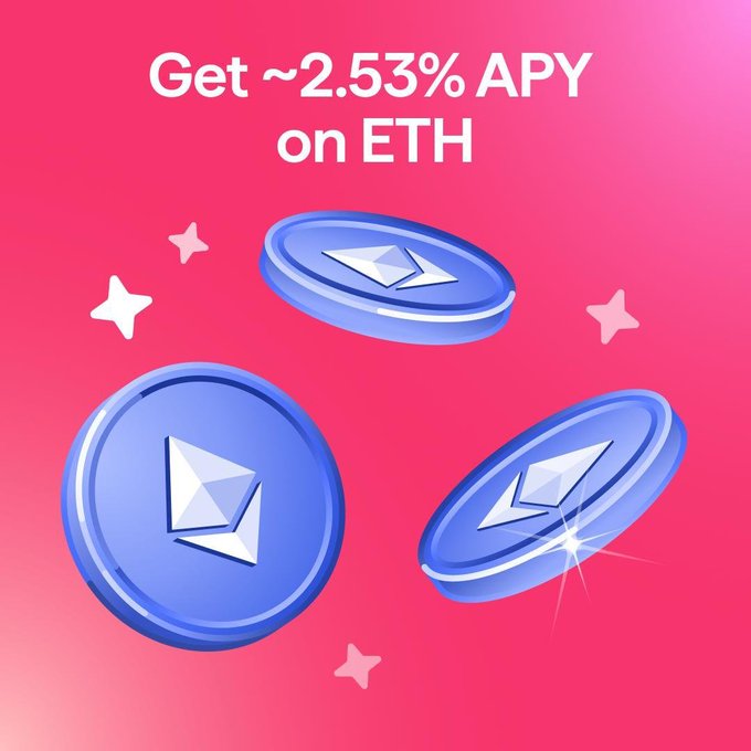 The image features three blue coins scattered randomly against a pink background, which appears to be an advertisement for cryptocurrency. The text above the coins reads "Get 2.53% APY onETH now! Your ETH just sitting there? Time to fix that ~2.53% APY onETH is now live in Wallet. Daily rewards. Withdraw anytime. Start from 0.0004 ether bit.ly/ EarnWithEthere ... Go to Wallet → Earn →ETH → Participate and make a deposit". The coins are floating above the text, adding an interesting visual element to the advertisement.